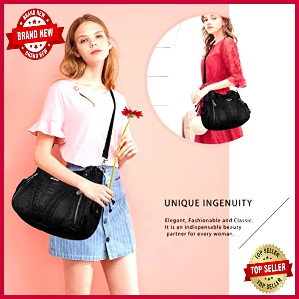 Large Tote Bag with Adjustable Strap, Multiple Pockets, Washed PU Leather